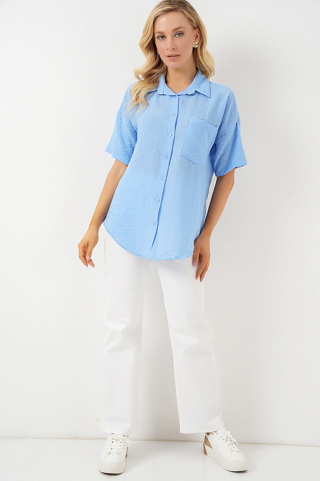 BGD Women Woman Short Sleeve Linen Look Shirt 20336 - Blue - Winsford