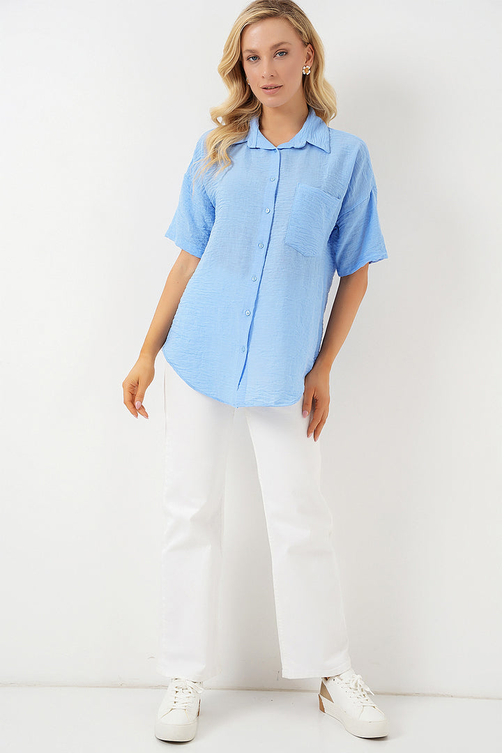 BGD Women Woman Short Sleeve Linen Look Shirt 20336 - Blue - Winsford