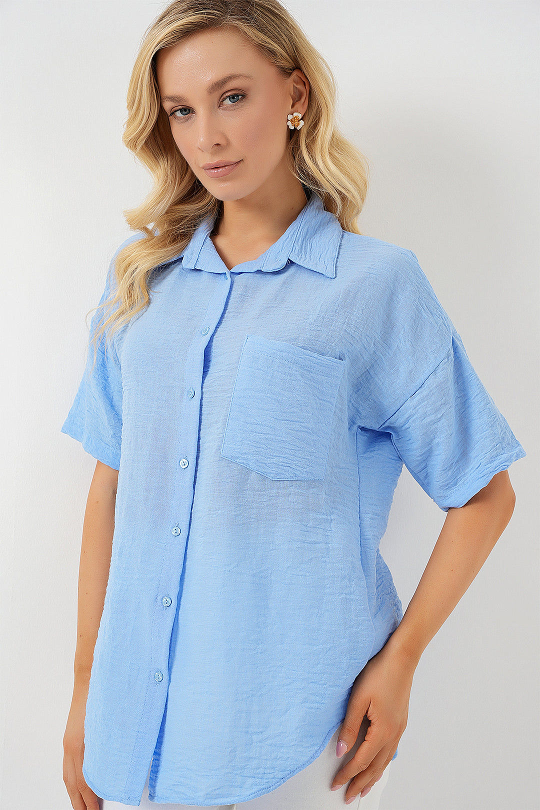 BGD Women Woman Short Sleeve Linen Look Shirt 20336 - Blue - Winsford