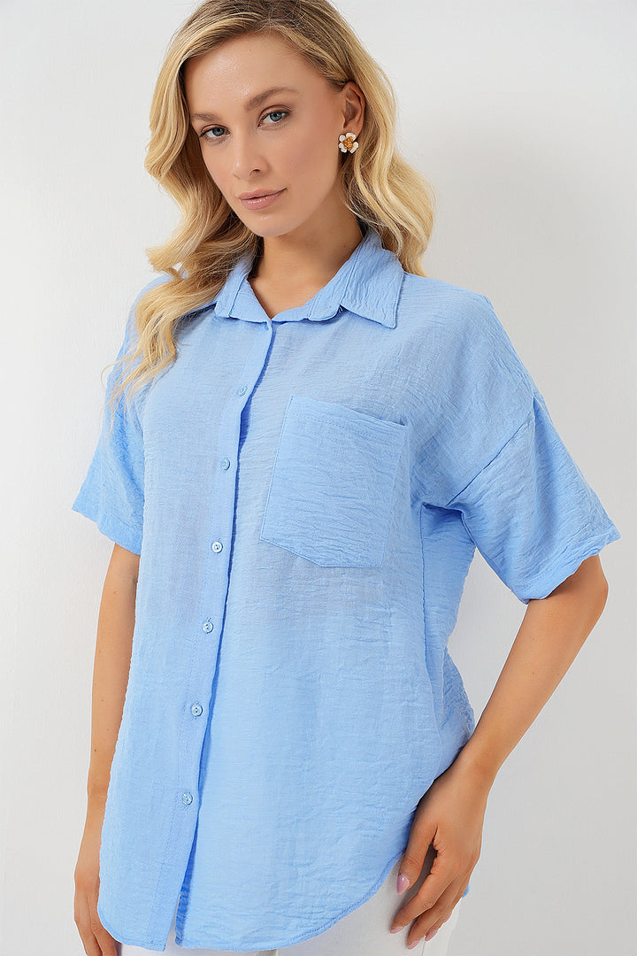 BGD Women Woman Short Sleeve Linen Look Shirt 20336 - Blue - Winsford