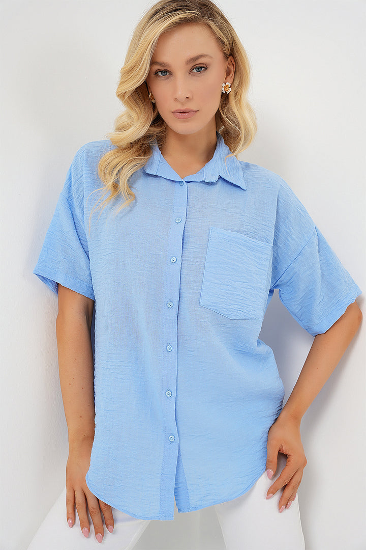 BGD Women Woman Short Sleeve Linen Look Shirt 20336 - Blue - Winsford