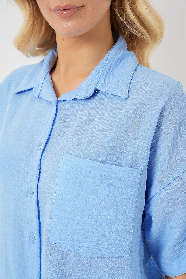 BGD Women Woman Short Sleeve Linen Look Shirt 20336 - Blue - Winsford