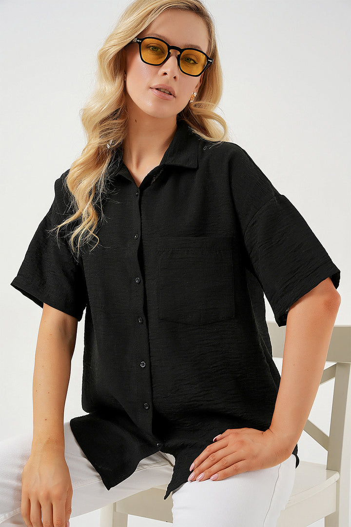 BGD Women Women's Short Sleeve Linen-Look Shirt 20336 - Black - Abington