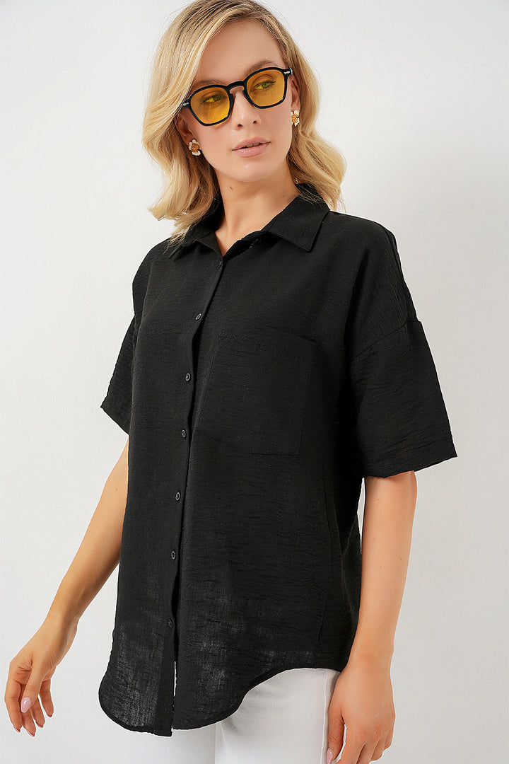 BGD Women Women's Short Sleeve Linen-Look Shirt 20336 - Black - Abington