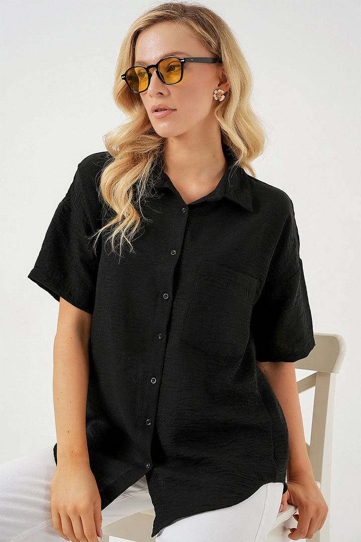 BGD Women Women's Short Sleeve Linen-Look Shirt 20336 - Black - Abington