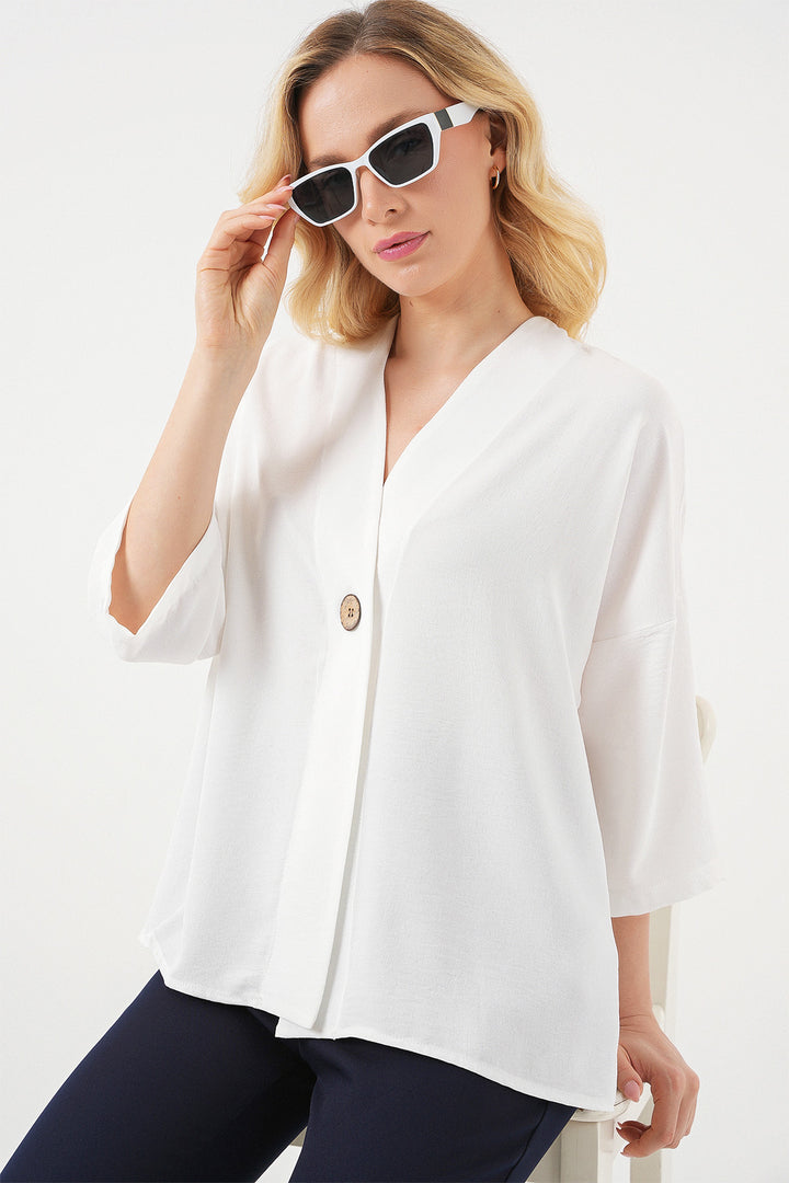 BGD Women Woman Short Sleeve Oversize Kimono 5969 - White - Gahanna