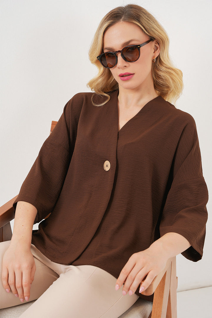 BGD Women Woman Short Sleeve Oversize Kimono 5969 - Brown - Ripollet