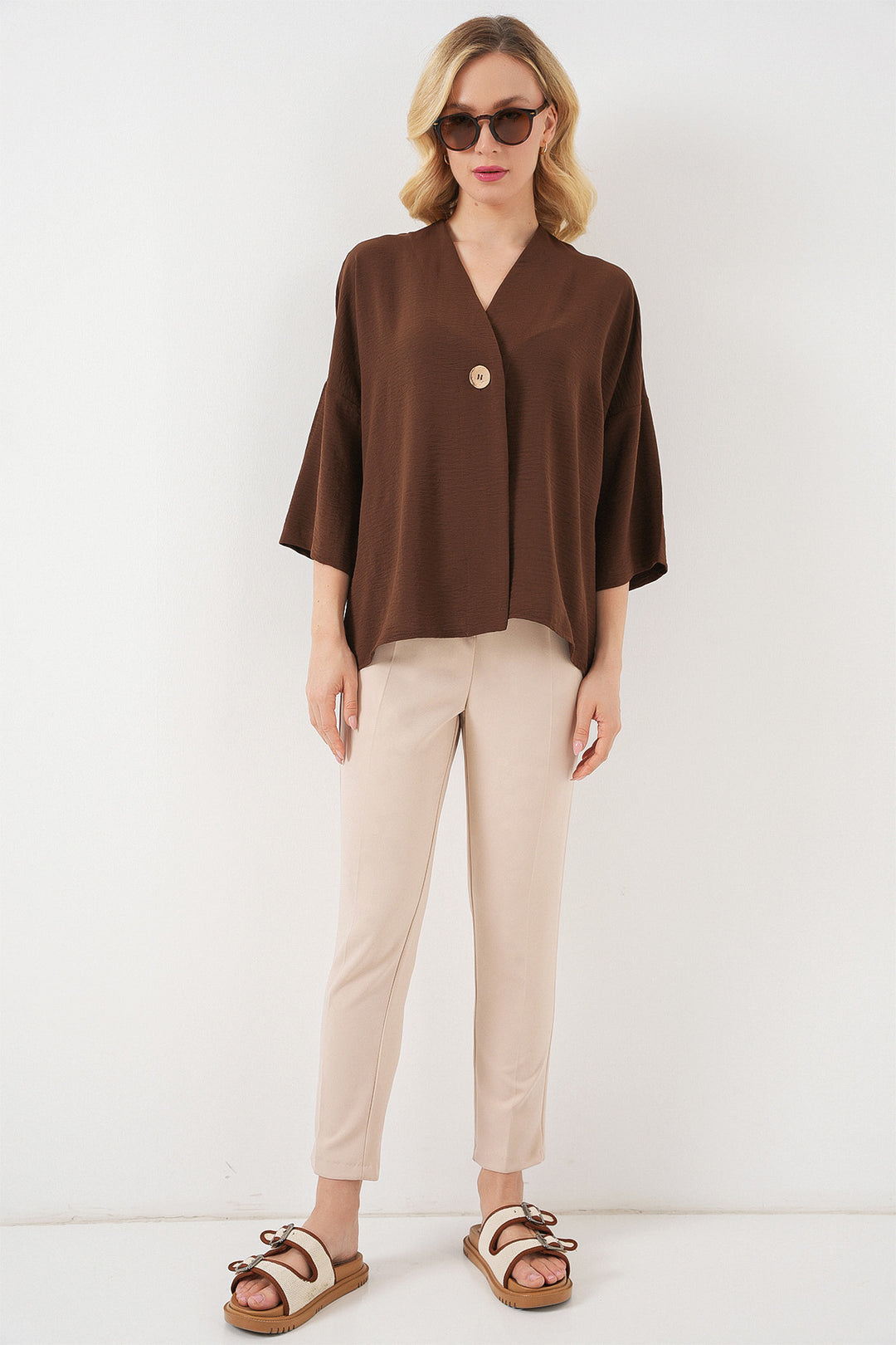 BGD Women Kadın Kısa Kol Oversize Kimono 5969 - Kahverengi - Spoleto