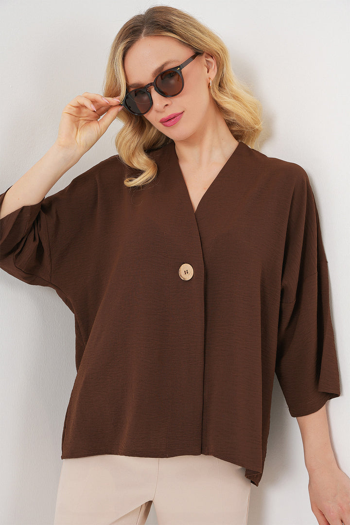 BGD Women Woman Short Sleeve Oversize Kimono 5969 - Brown - Ripollet