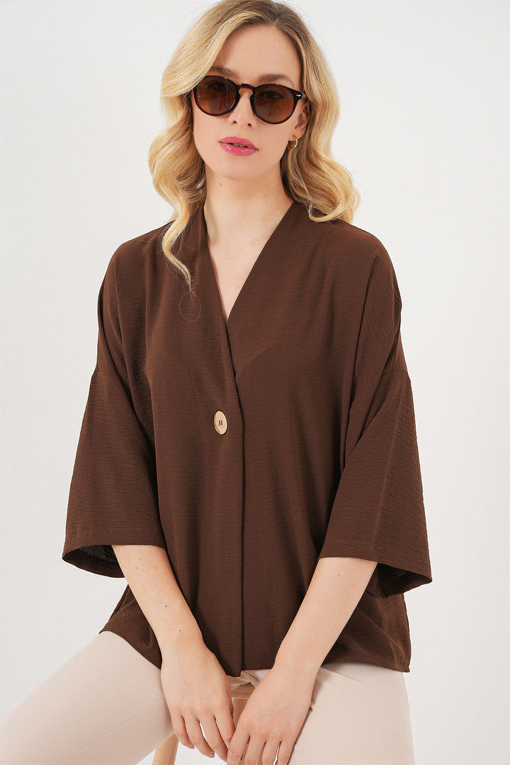 BGD Women Woman Short Sleeve Oversize Kimono 5969 - Brown - Ripollet