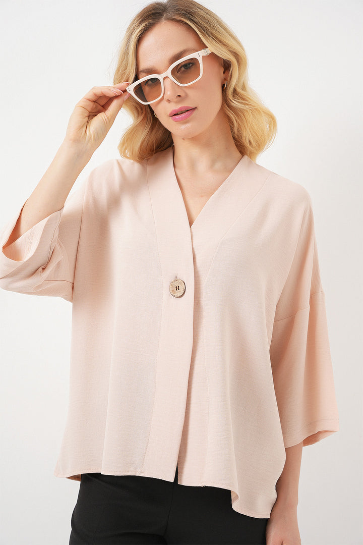 BGD Women Woman Short Sleeve Oversize Kimono 5969 - Cream - Coyotepec