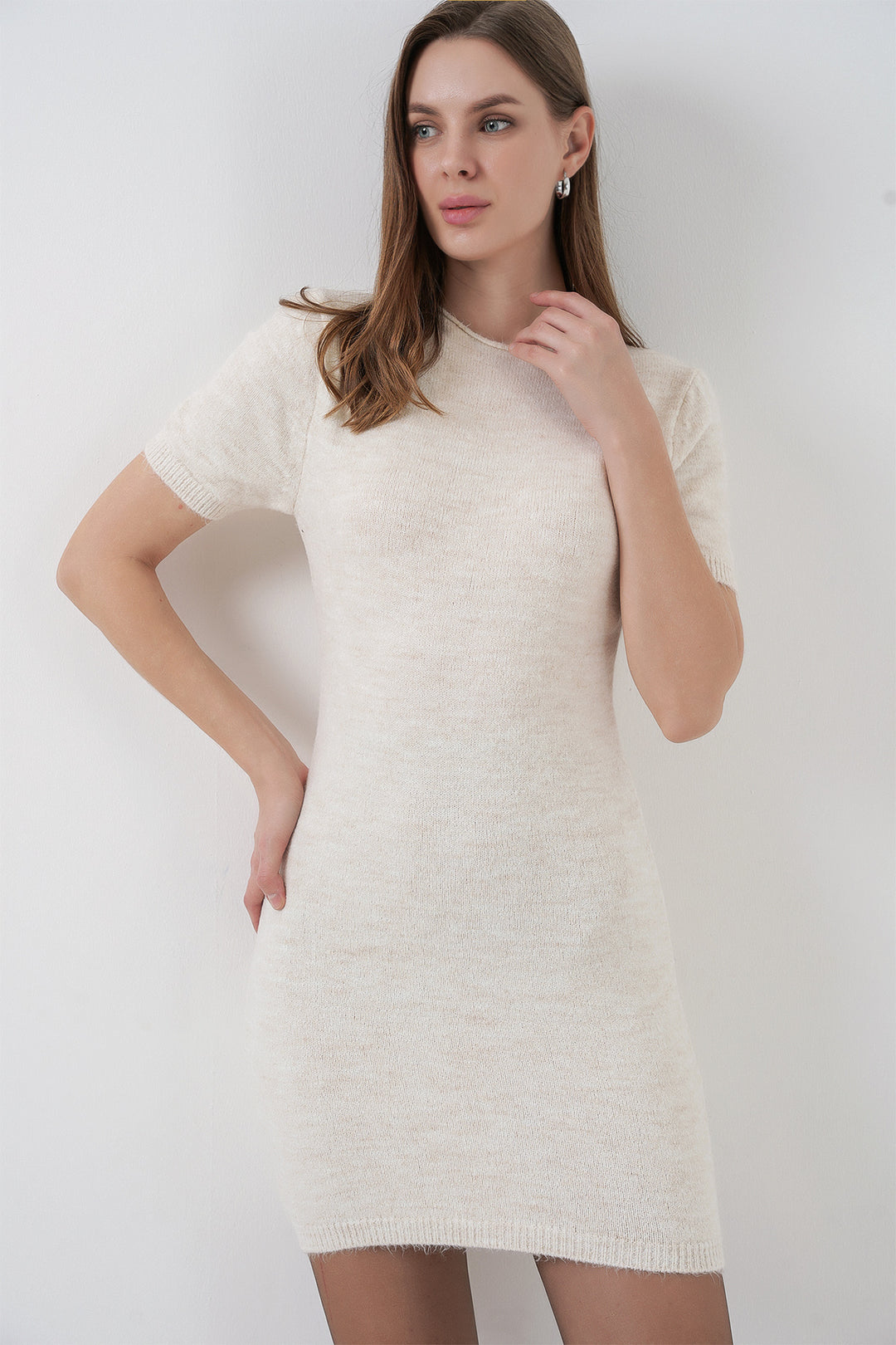 BGD Women Kadın Kısa Kol Triko Elbise 15950 - Krem - Brooklyn Park