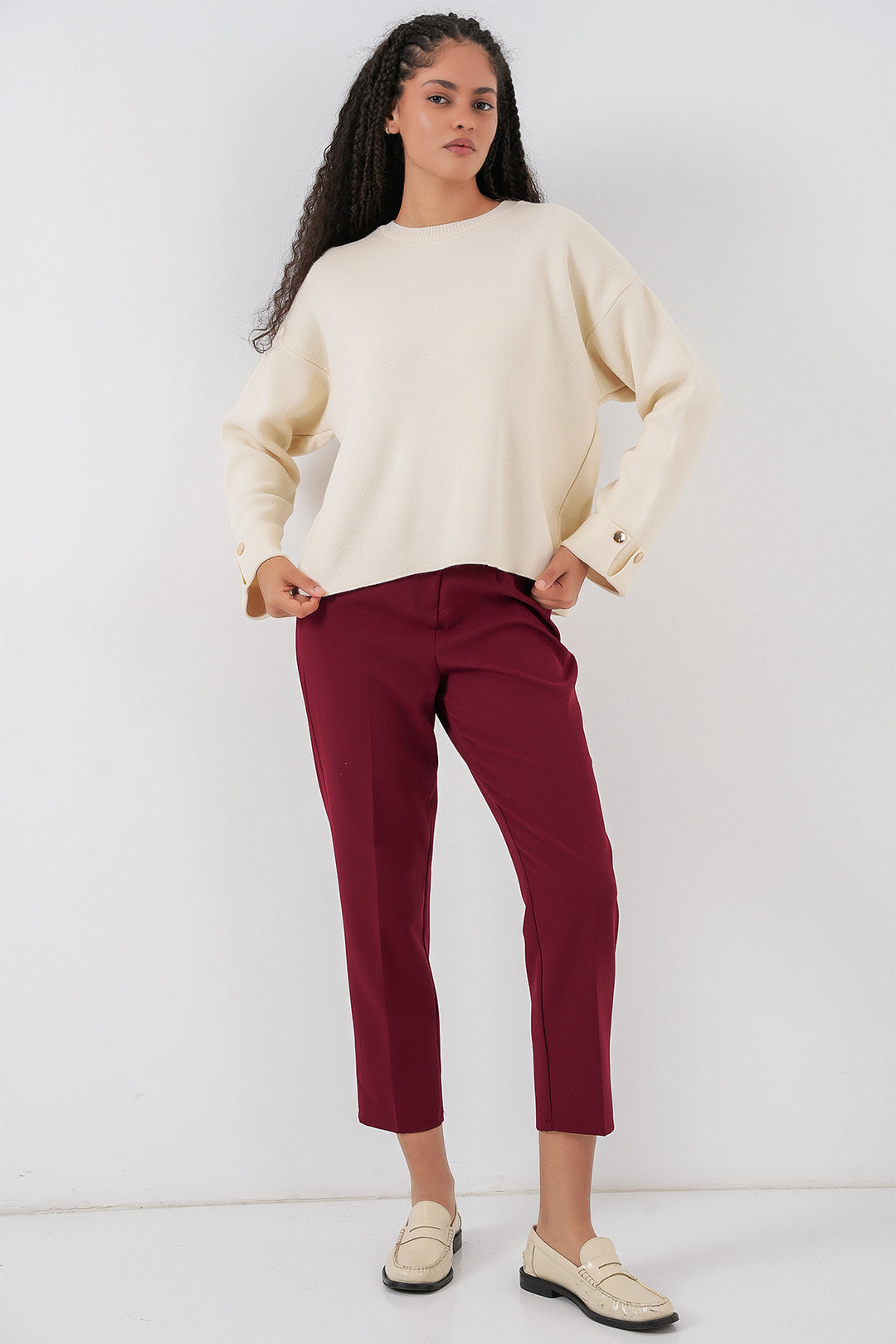 BGD Women Kadın Kol Düğmeli Oversize Triko Kazak 15981 - Ekru - Petrel