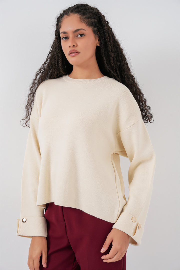 BGD Women Kadın Kol Düğmeli Oversize Triko Kazak 15981 - Ekru - Petrel