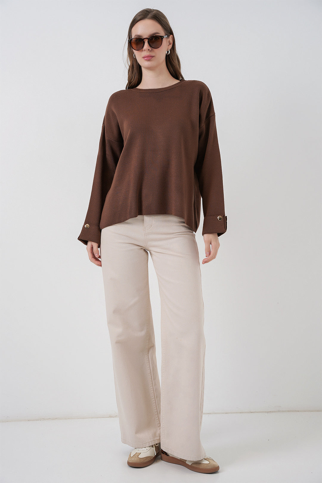 BGD Women Women's Oversized Sweater with Arm Button Detail 15981 - Brown - Kerpen