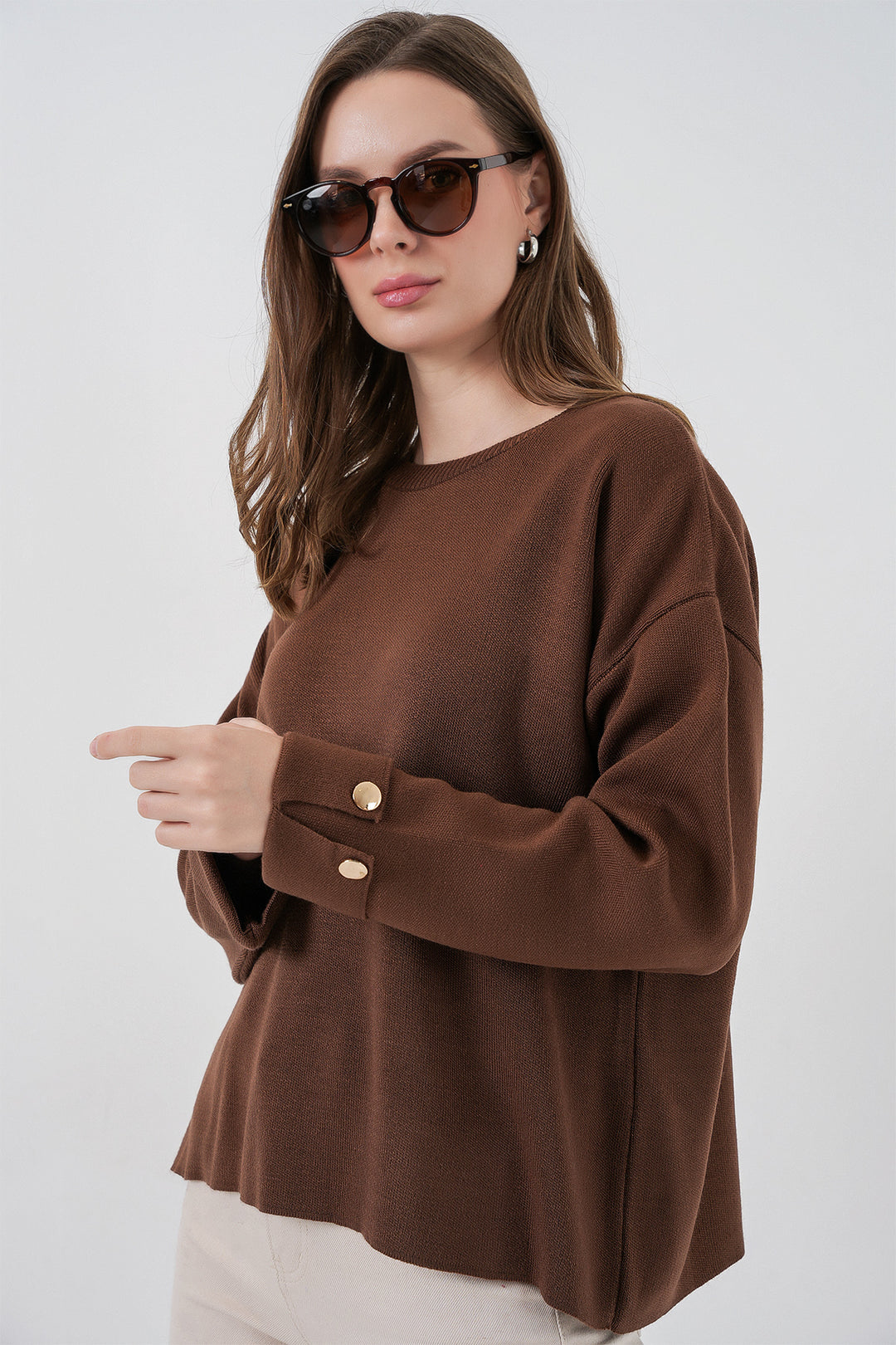 BGD Women Women's Oversized Sweater with Arm Button Detail 15981 - Brown - Kerpen