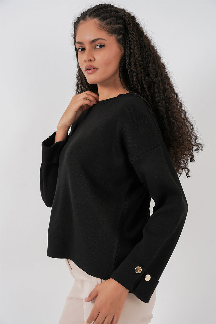 BGD Women Women's Oversized Sweater with Arm Button Detail 15981 - Black - Oleksandriia