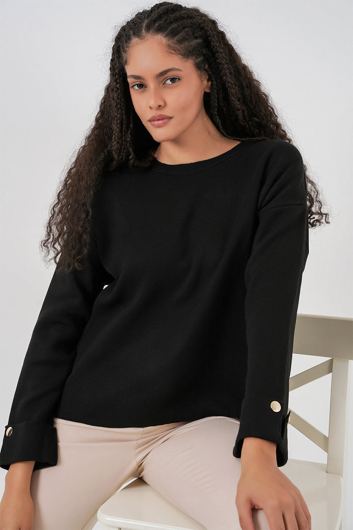 BGD Women Women's Oversized Sweater with Arm Button Detail 15981 - Black - Oleksandriia