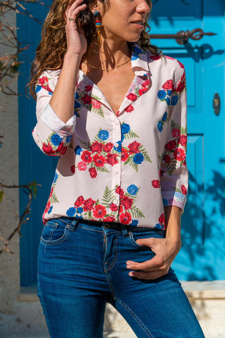 GNS Woman Cream Flowered Crepe Shirt GK-BSTK4097 - Quimper