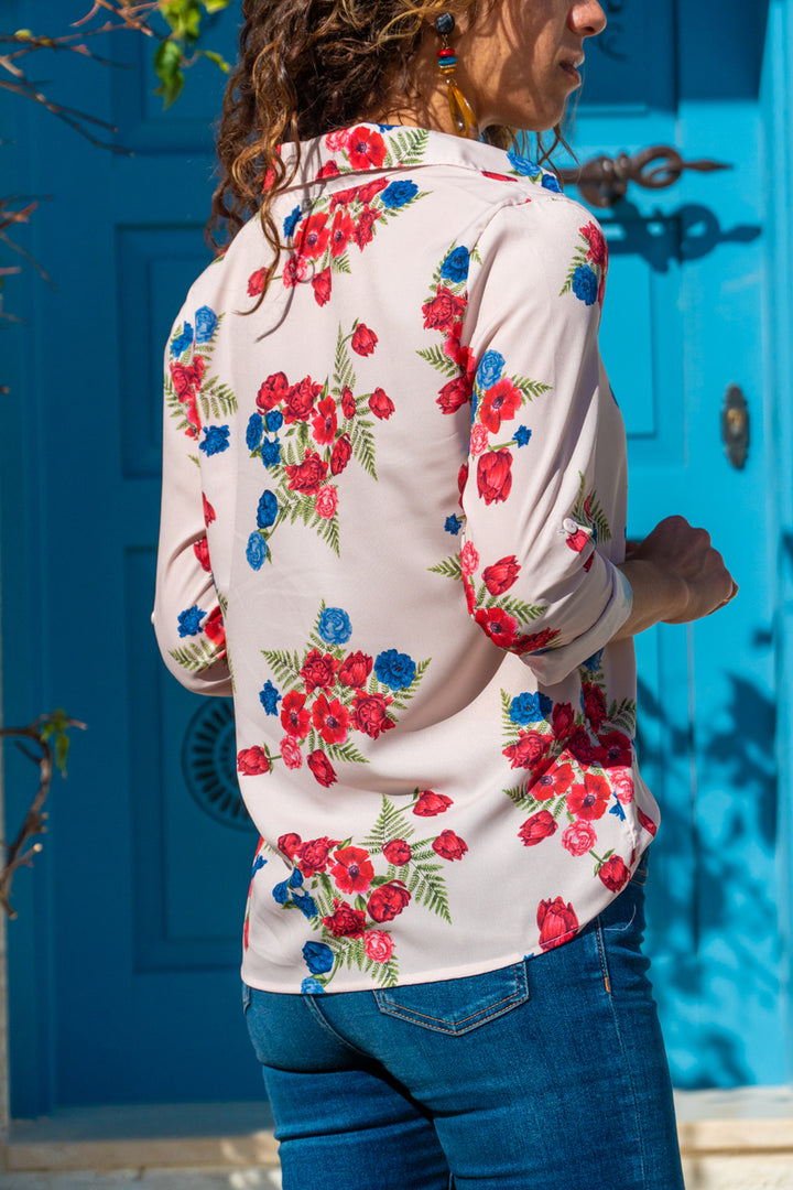GNS Woman Cream Flowered Crepe Shirt GK-BSTK4097 - Quimper