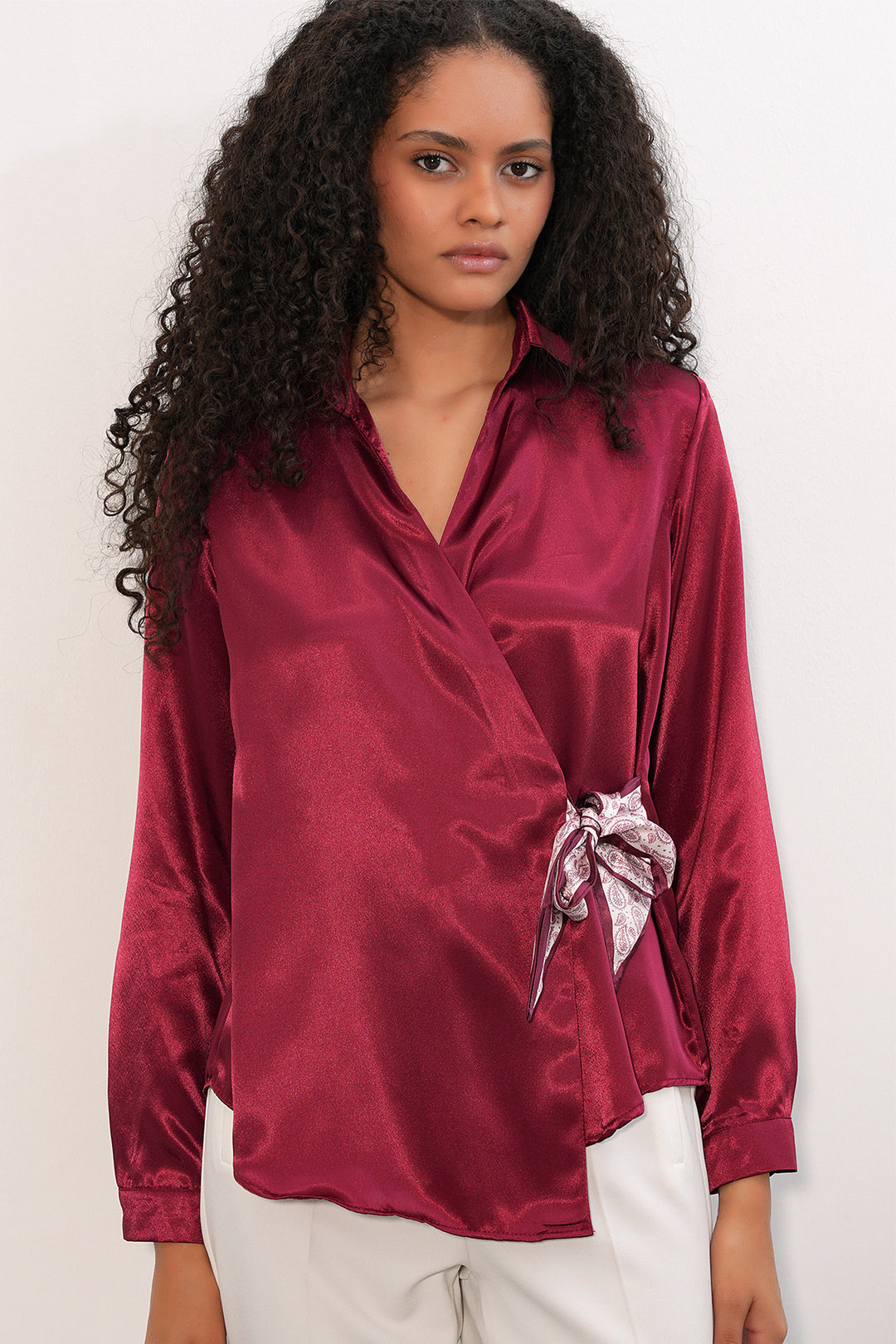 BGD Women Kadın Kruvaze Saten Gömlek 20386 - Bordo - Bathurst