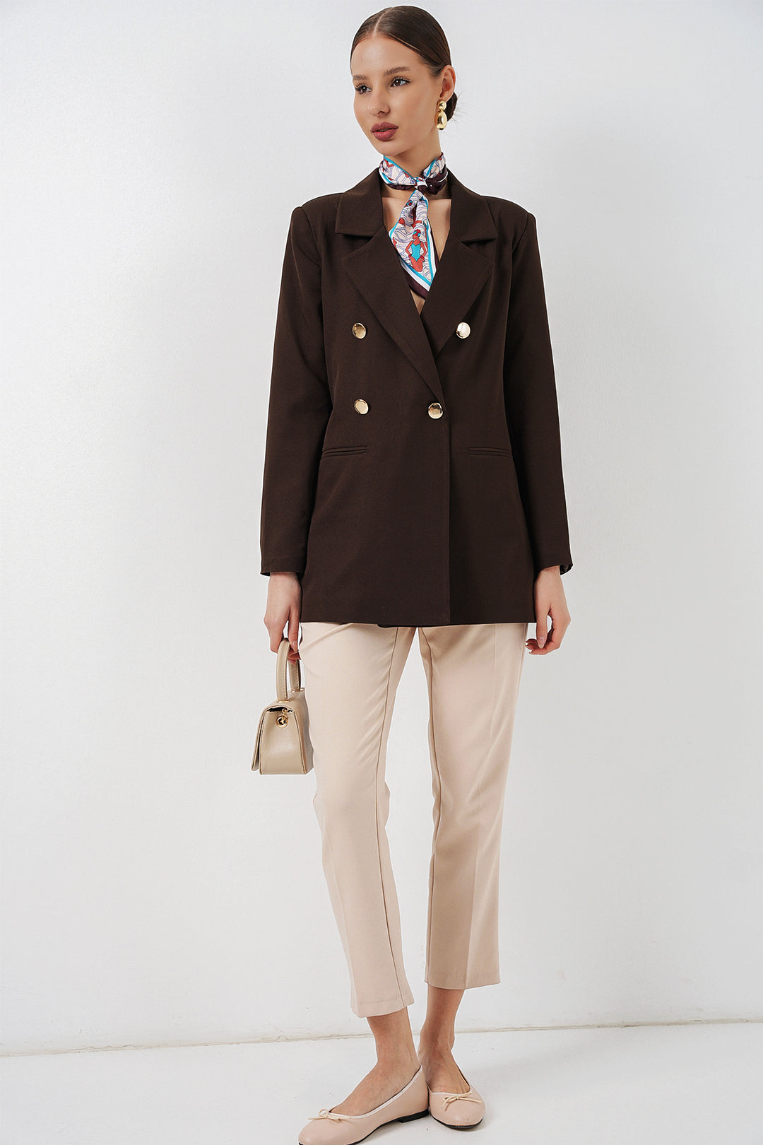 BGD Women Kadın Kruvaze Yaka Blazer Ceket 0722 - Kahverengi - Marlboro
