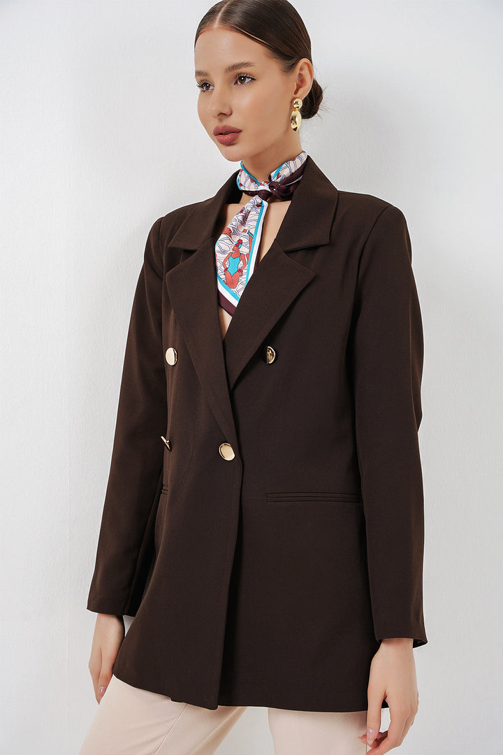 BGD Women Kadın Kruvaze Yaka Blazer Ceket 0722 - Kahverengi - Marlboro