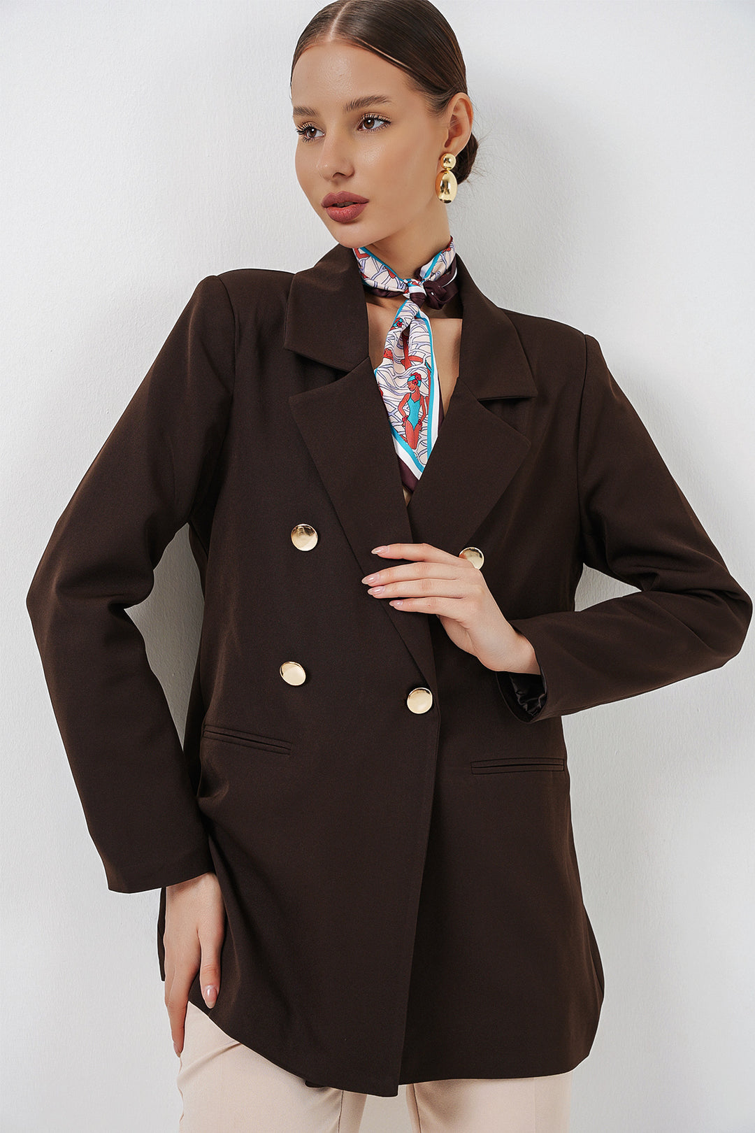 BGD Women Kadın Kruvaze Yaka Blazer Ceket 0722 - Kahverengi - Marlboro