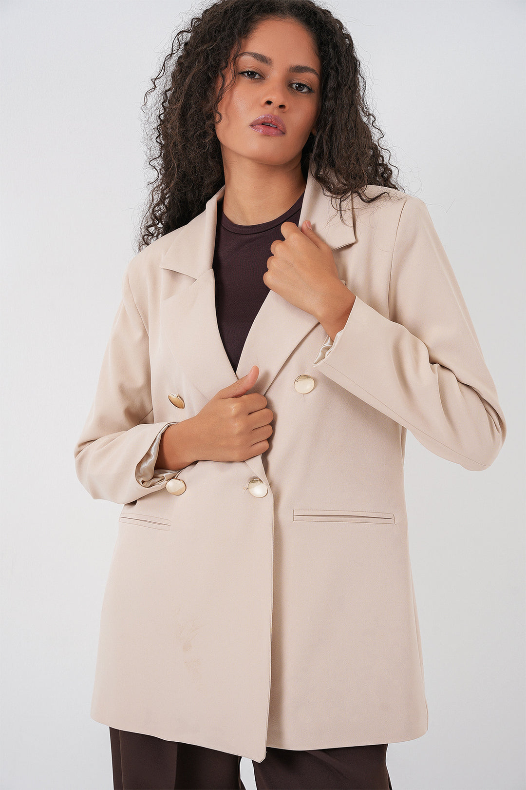 BGD Women Kadın Kruvaze Yaka Blazer Ceket 0722 - Krem - Meadow Woods