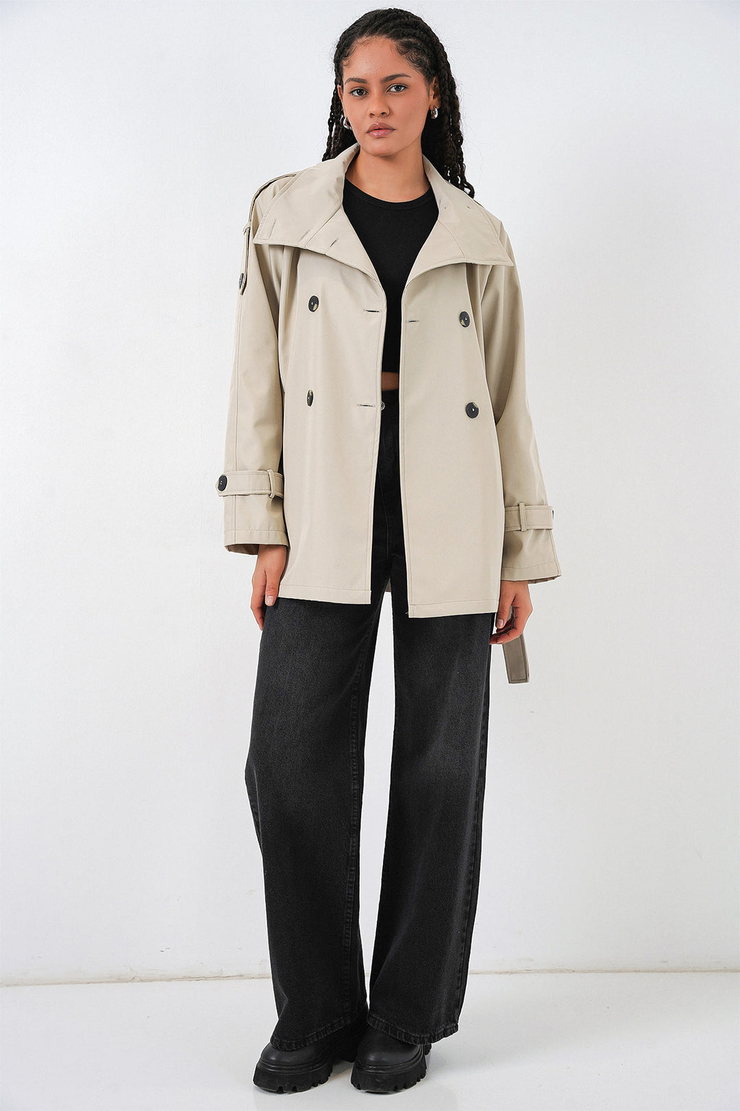 BGD Women Kadın Kruvaze Yaka Kısa Trençkot 5980 - Bej - Kleve