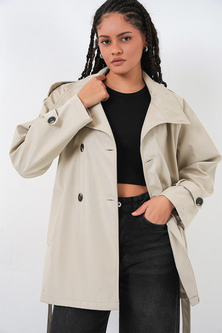BGD Women Kadın Kruvaze Yaka Kısa Trençkot 5980 - Bej - Kleve