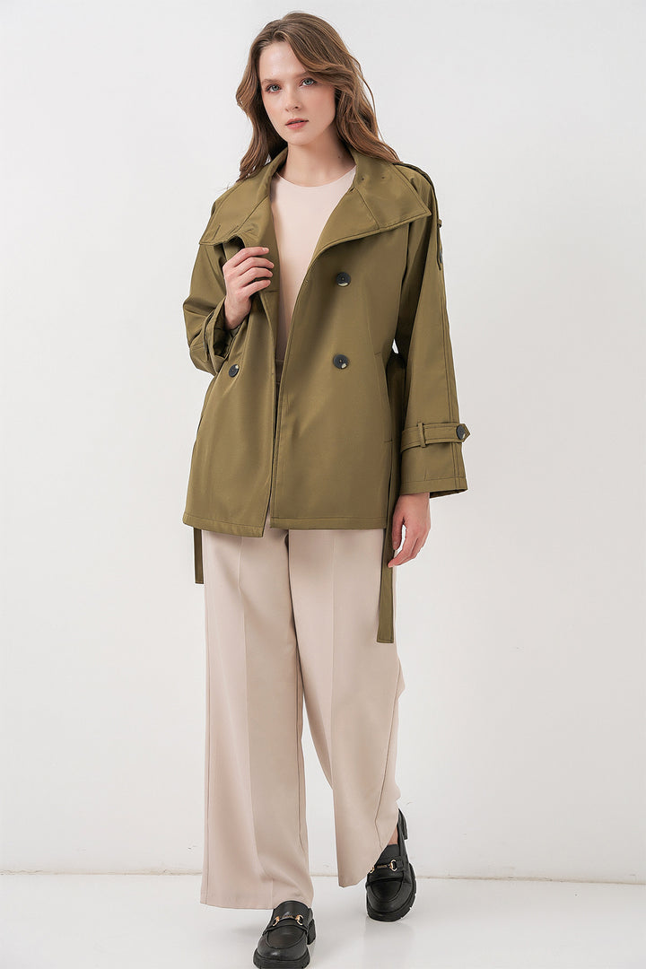 BGD Women Women's Short Trench Coat with Wrap Neck 5980 - Khaki - Chisinau