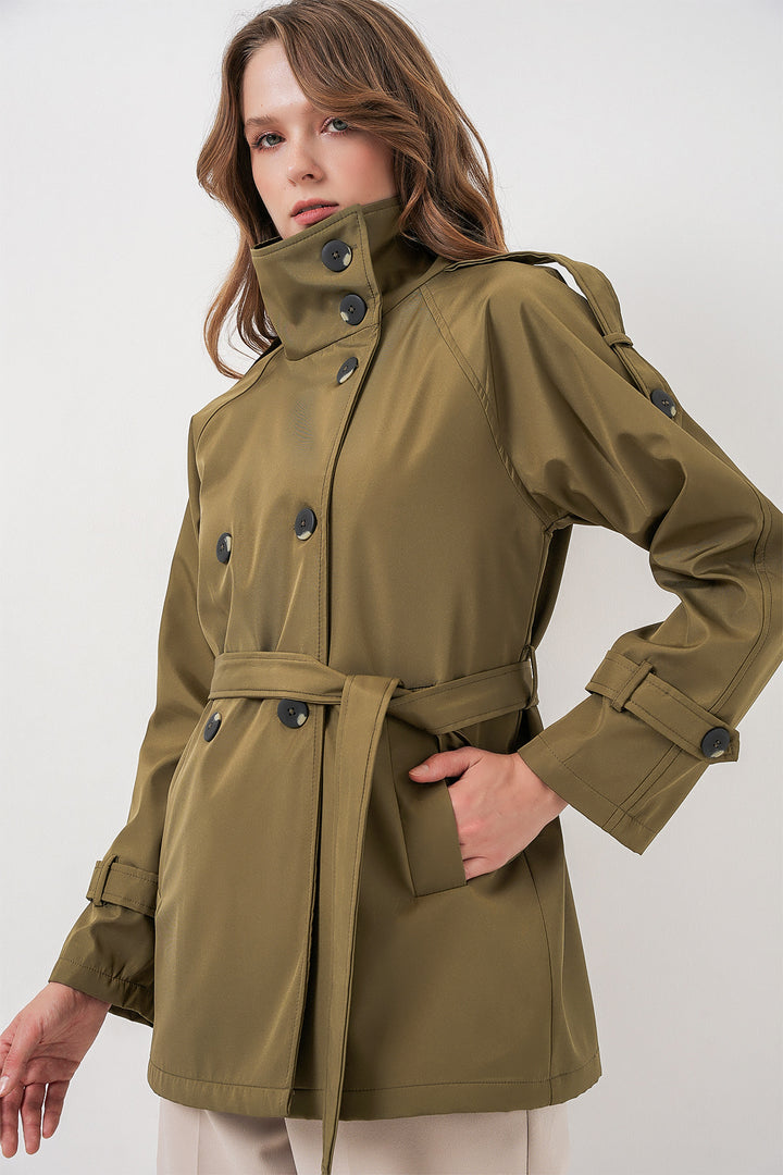 BGD Women Women's Short Trench Coat with Wrap Neck 5980 - Khaki - Chisinau