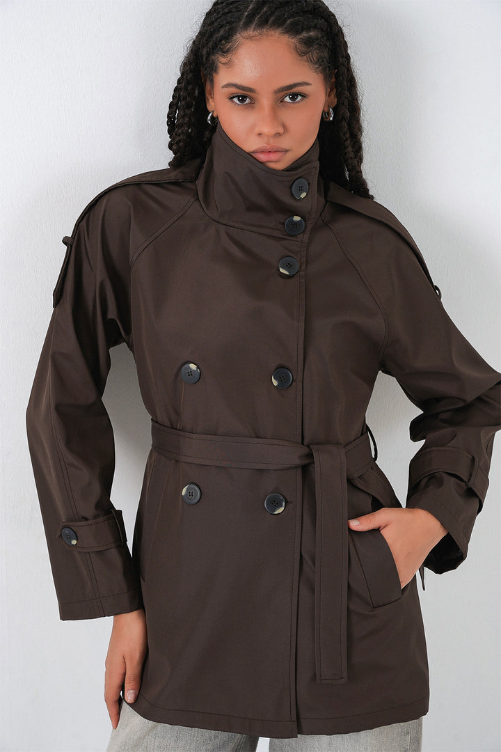 BGD Women Women's Wrap Neck Short Trench Coat 5980 - Brown - Sinsheim
