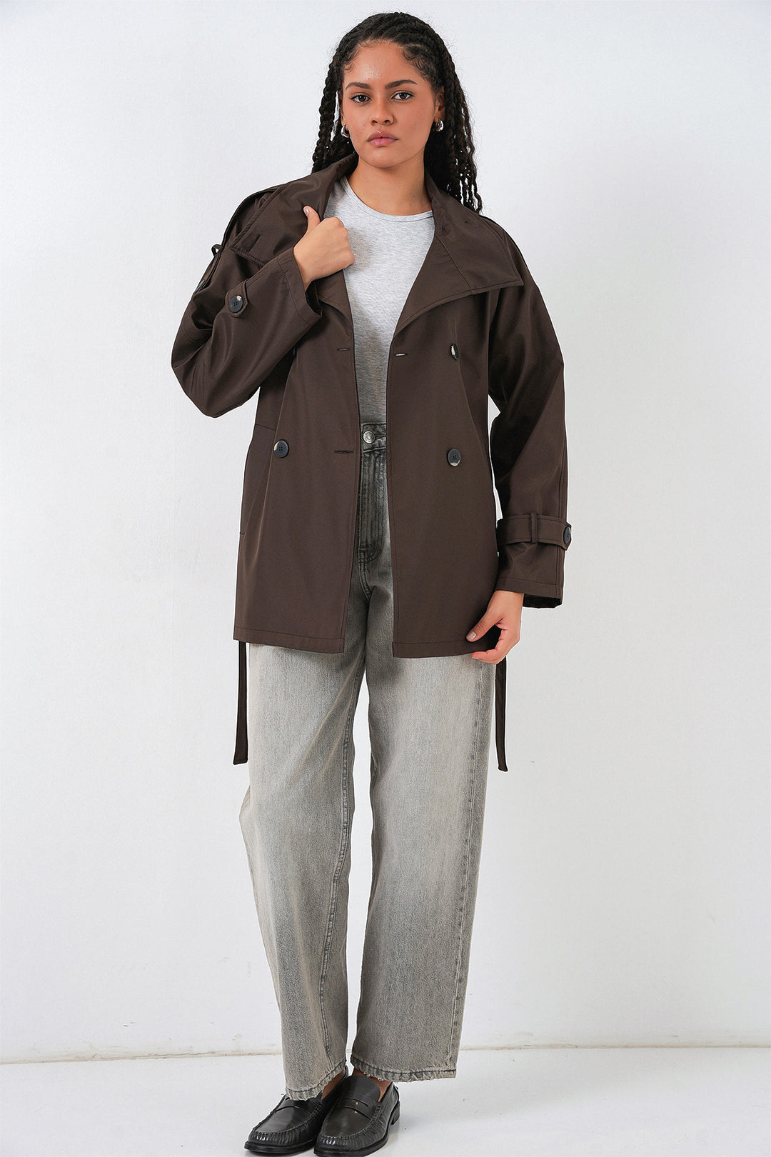 BGD Women Women's Wrap Neck Short Trench Coat 5980 - Brown - Sinsheim