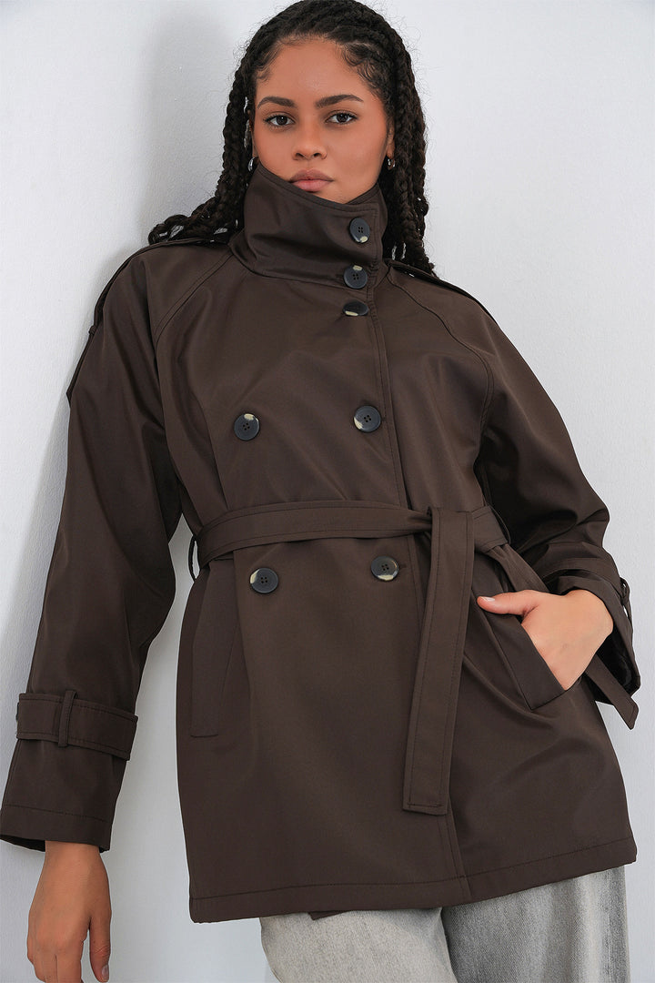 BGD Women Women's Wrap Neck Short Trench Coat 5980 - Brown - Sinsheim