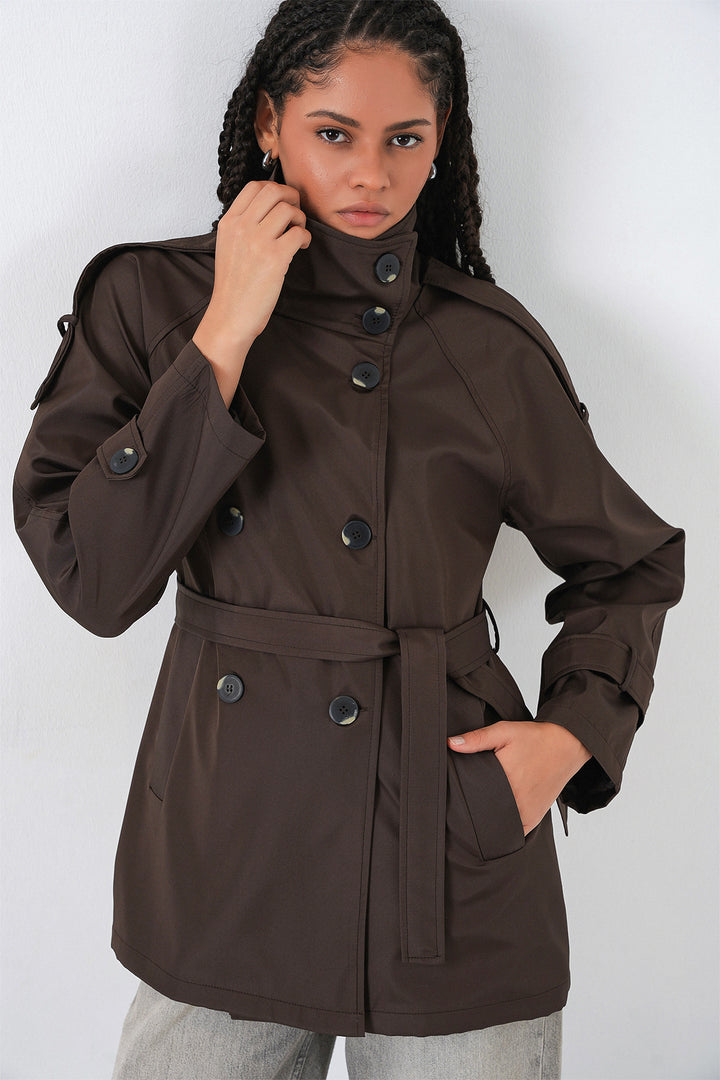BGD Women Women's Wrap Neck Short Trench Coat 5980 - Brown - Sinsheim
