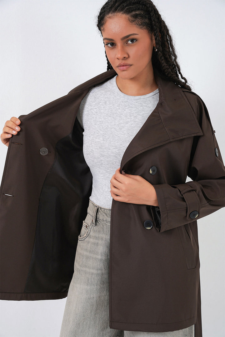 BGD Women Women's Wrap Neck Short Trench Coat 5980 - Brown - Sinsheim