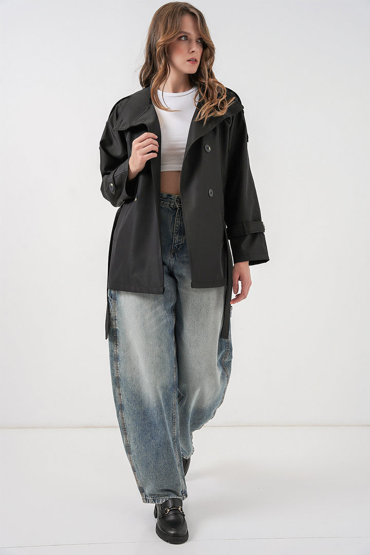 BGD Women Kadın Kruvaze Yaka Kısa Trençkot 5980 - Siyah - Norwich