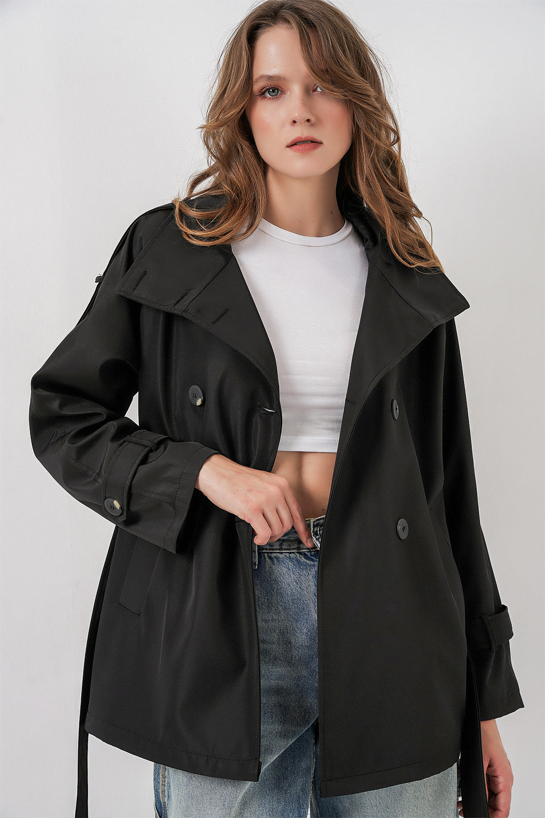 BGD Women Kadın Kruvaze Yaka Kısa Trençkot 5980 - Siyah - Norwich