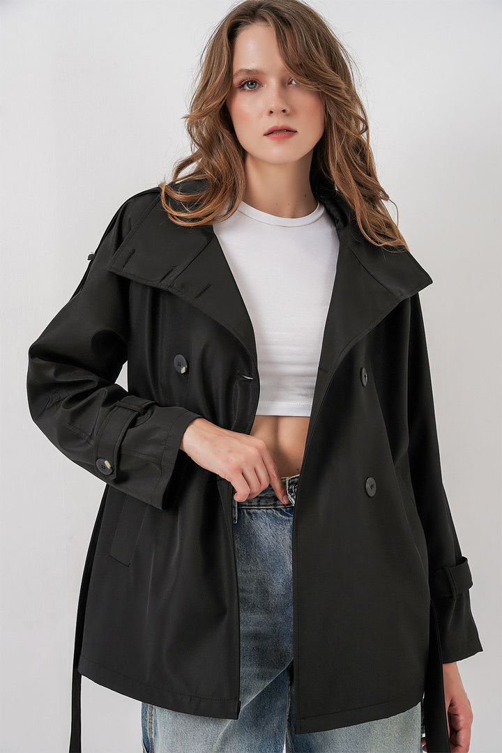 BGD Women Kadın Kruvaze Yaka Kısa Trençkot 5980 - Siyah - Norwich