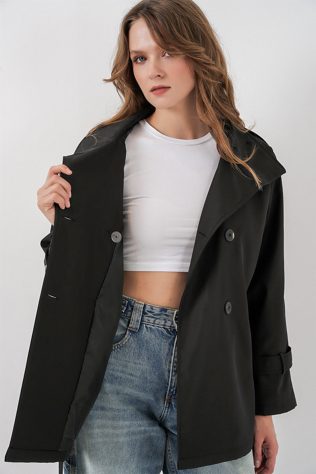 BGD Women Kadın Kruvaze Yaka Kısa Trençkot 5980 - Siyah - Norwich