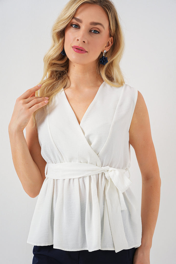 BGD Women Women's Wrap Neck Sleeveless Blouse 966 - White - Pearland