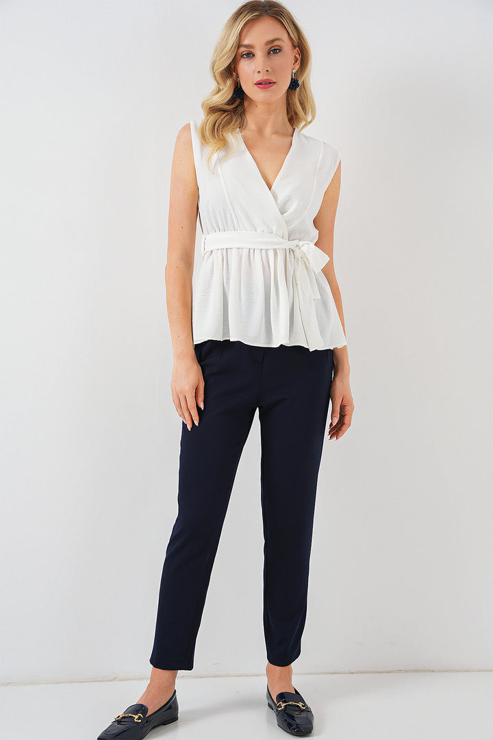 BGD Women Women's Wrap Neck Sleeveless Blouse 966 - White - Pearland