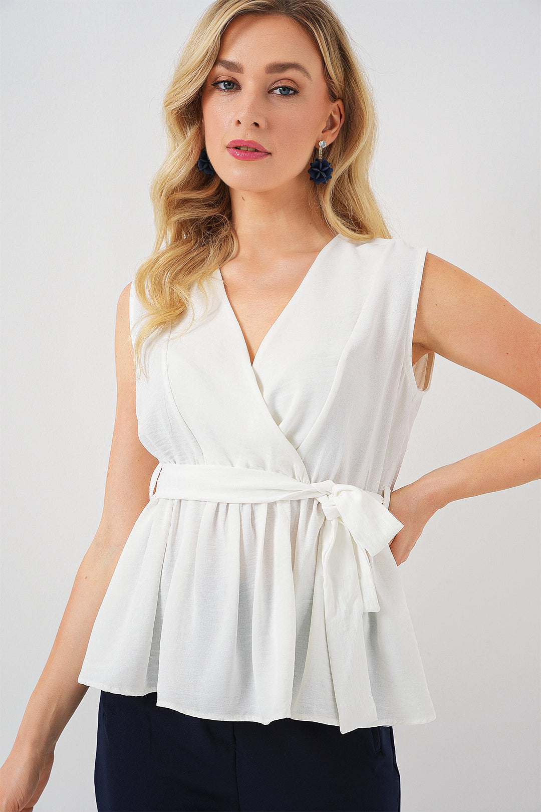 BGD Women Women's Wrap Neck Sleeveless Blouse 966 - White - Pearland