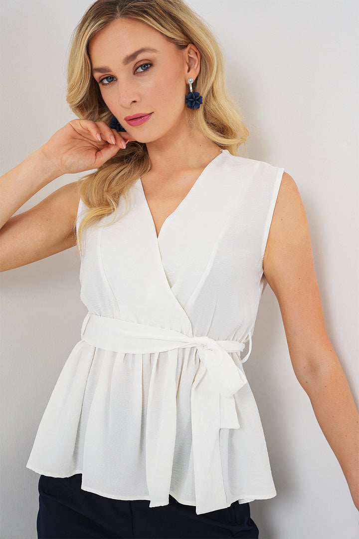 BGD Women Women's Wrap Neck Sleeveless Blouse 966 - White - Pearland