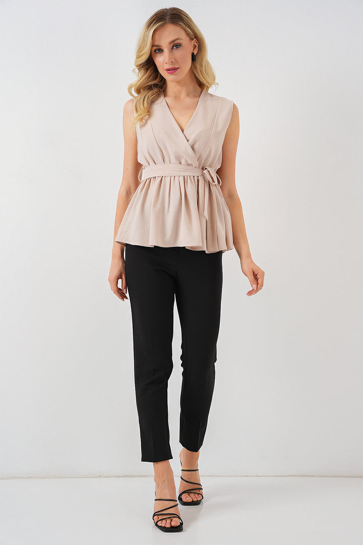 BGD Women Women's Wrap Neck Sleeveless Blouse 966 - Cream - Boulogne-Billancourt