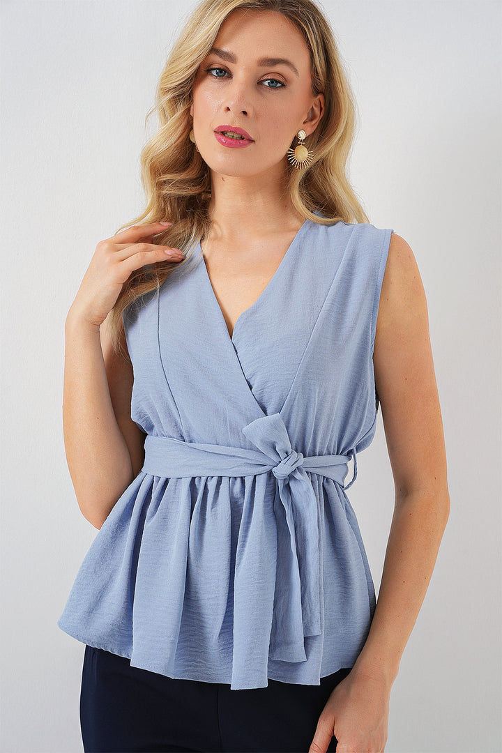 BGD Women Women's Wrap Neck Sleeveless Blouse 966 - Blue - Águeda