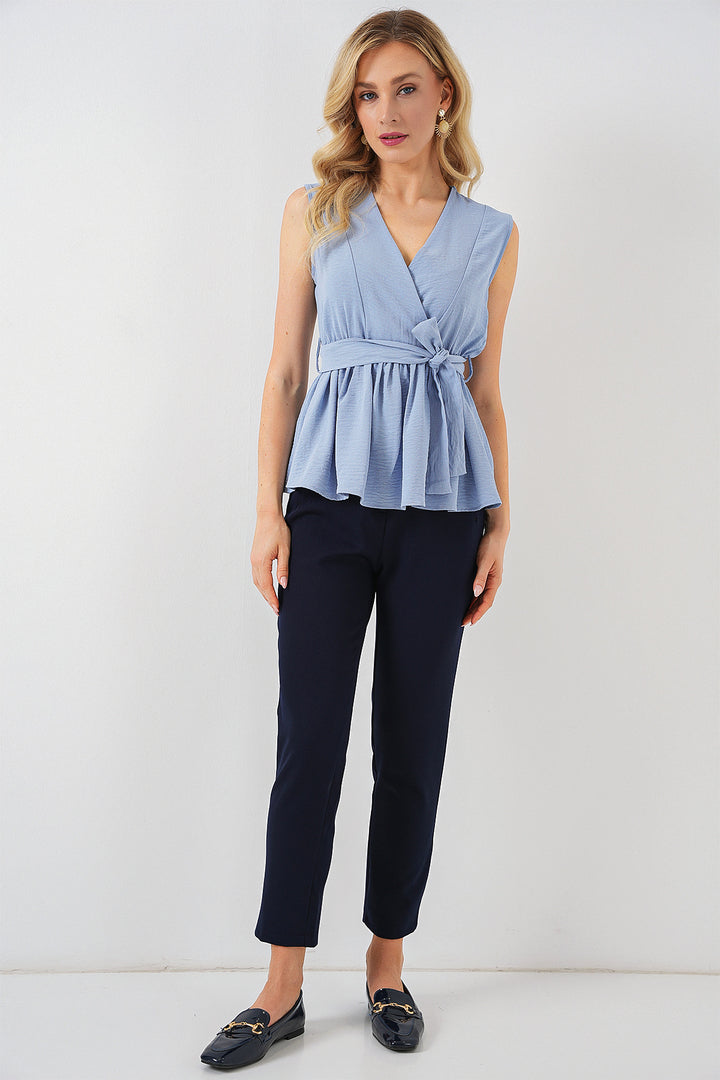 BGD Women Women's Wrap Neck Sleeveless Blouse 966 - Blue - Águeda