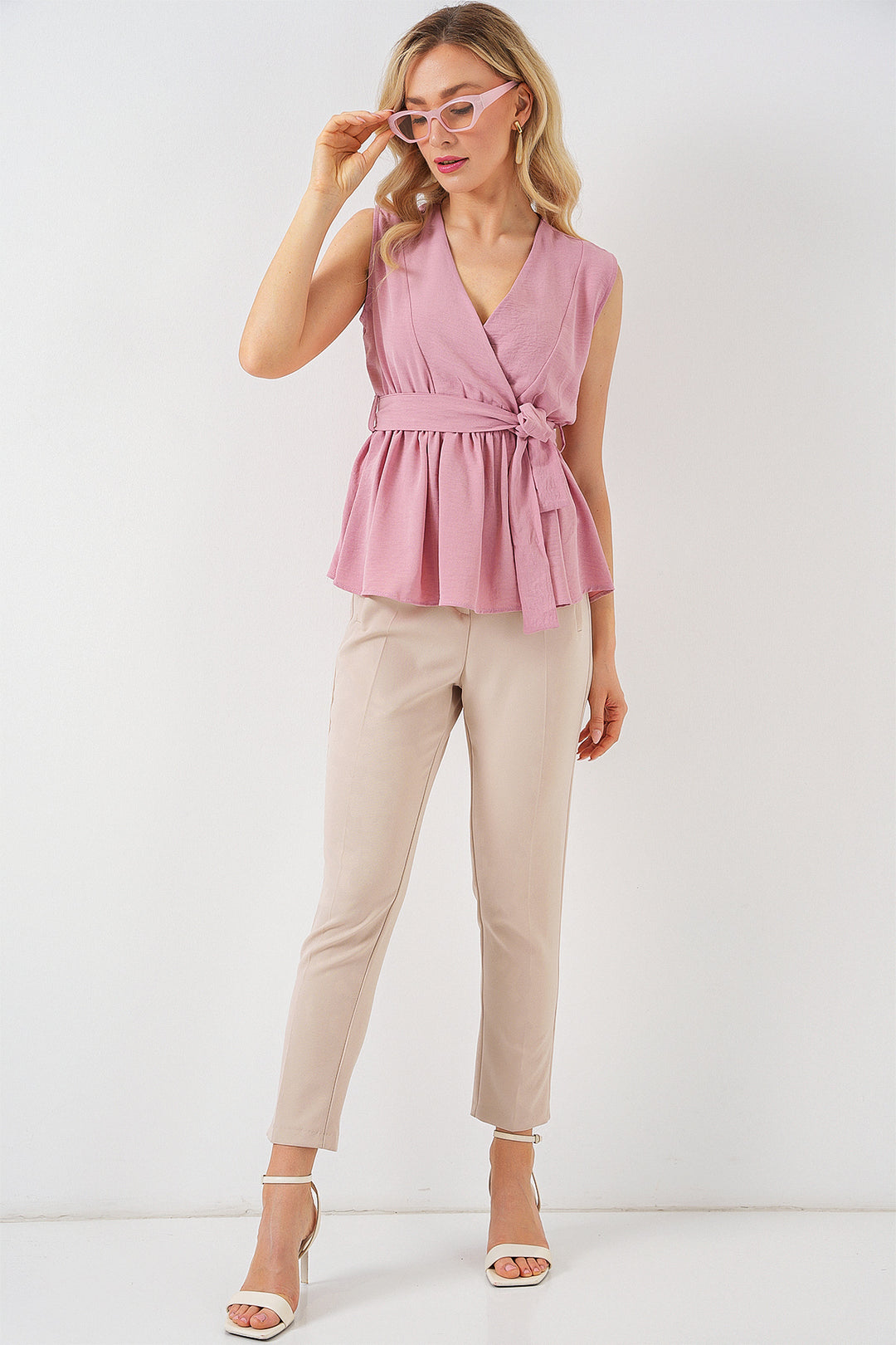 BGD Women Women's Wrap Neck Sleeveless Blouse 966 - Powder - Clondalkin